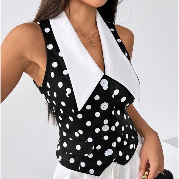 Classic Elegant Polka Dot Button Down Vest Office Work Top Black White - Picture 9 of 10